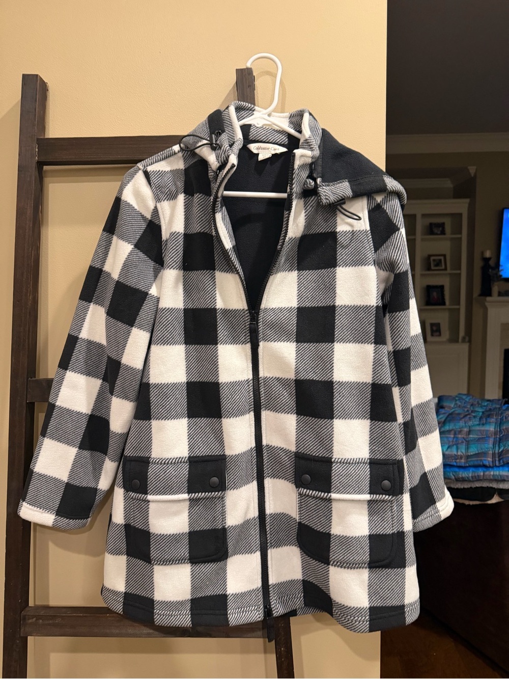 Coldwater Creek Black & White Buffalo Plaid Hooded Trench Coat